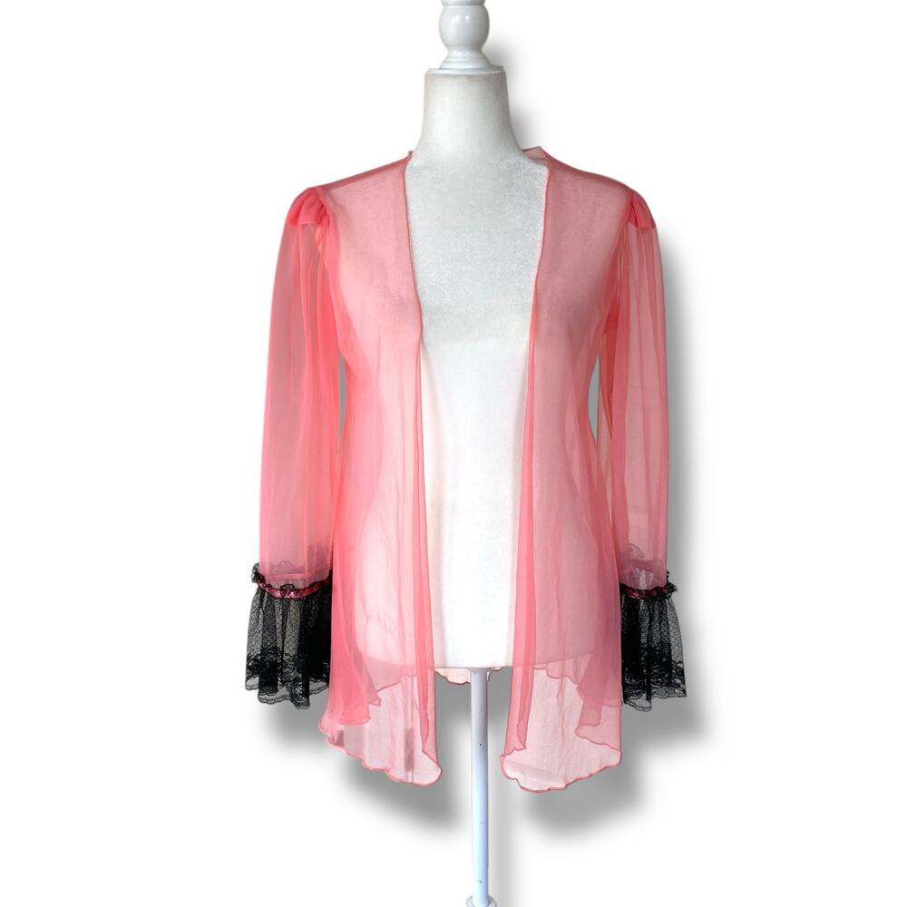 Vintage Escante 50s Sheer Short Robe Sz Pink Long Sleeve Black Lace Trim coqutte